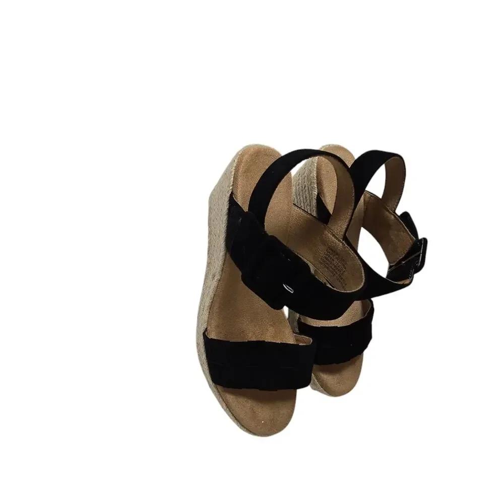 Black Suede Espadrille Wedge Sandals Size 6 Ankle Strap Memory Foam Open Toe